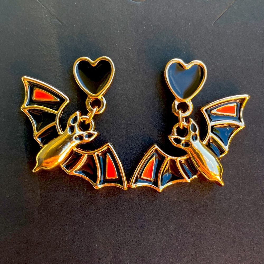 🦇 Gold Black and Orange Bat Earrings for Halloween cute gift heart colorful New